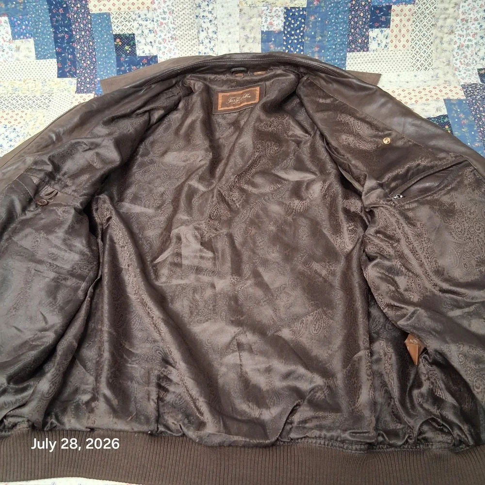 Tasso Elba Mens XL Brown Leather Bomber Jacket Full Zip Ribbed Waist Y2K Lined